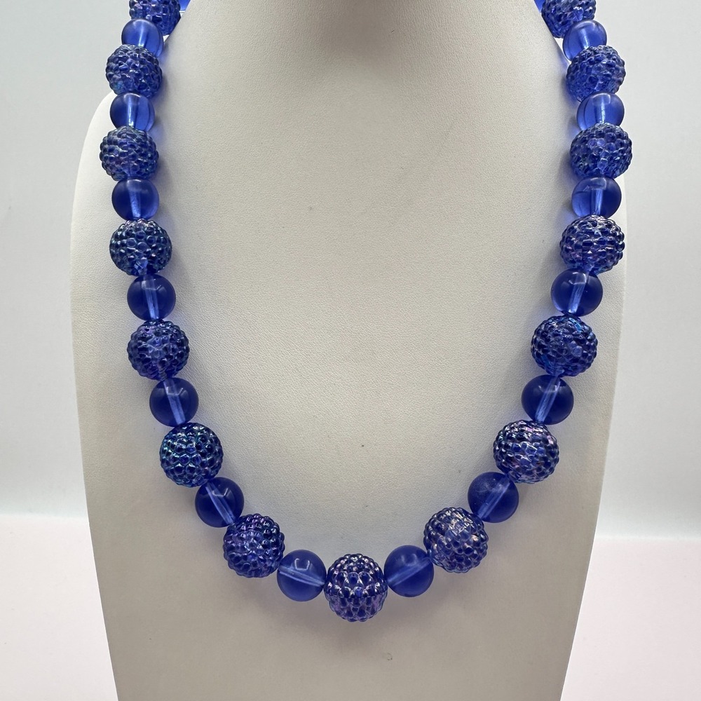 Vintage 90s Cobalt Blue Iridescent Beaded Lucite Necklace Women's Jewelry